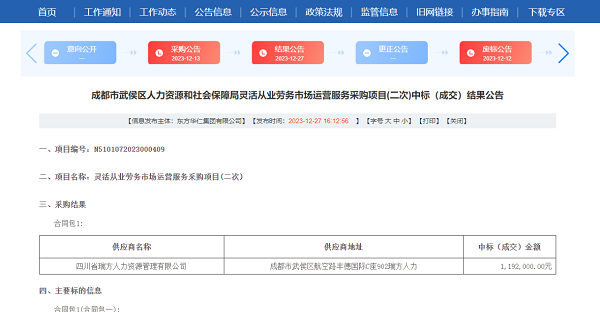 喜訊！瑞方人力再次中標武侯區人社局靈活從業勞務市場運營服務采購項目 第1張